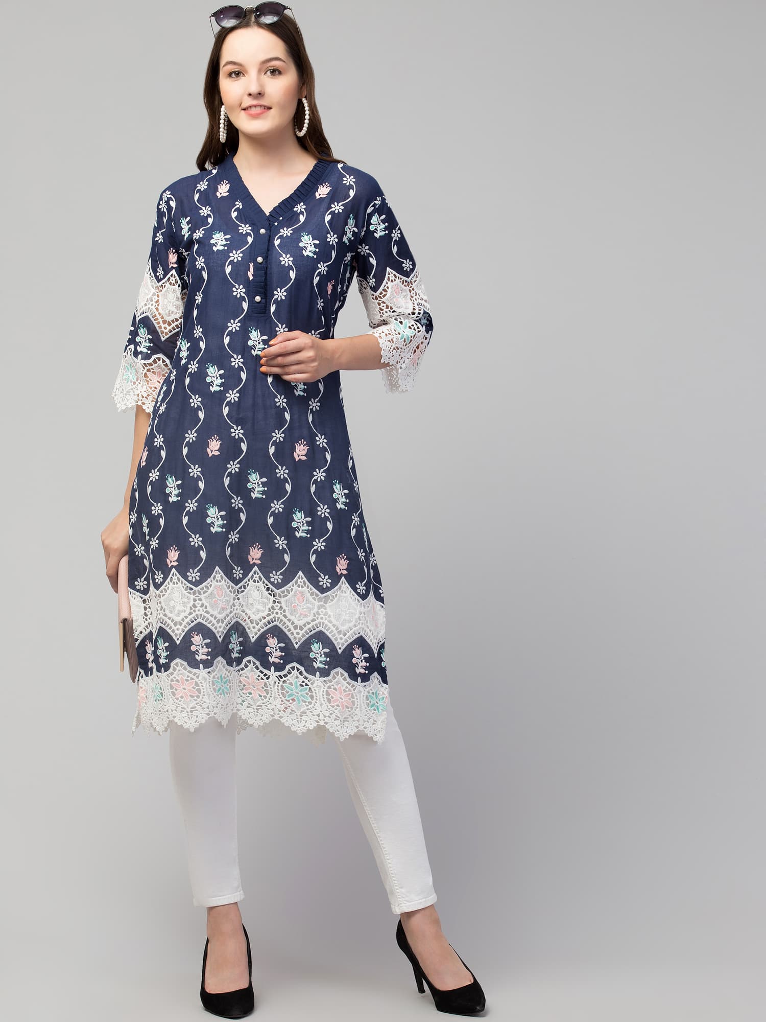 cotton kurta embroidered cutwork lace embroidery