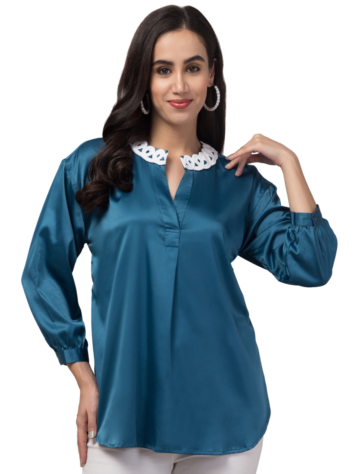 cut work collar satin blend top